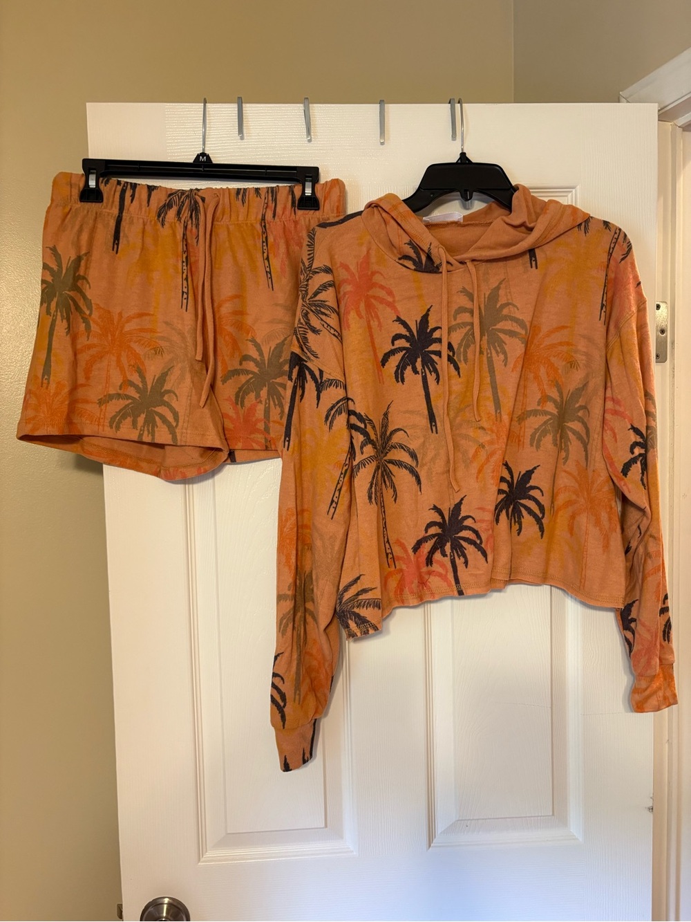 Women's Palm-Print Orange Hoodie & Shorts Set